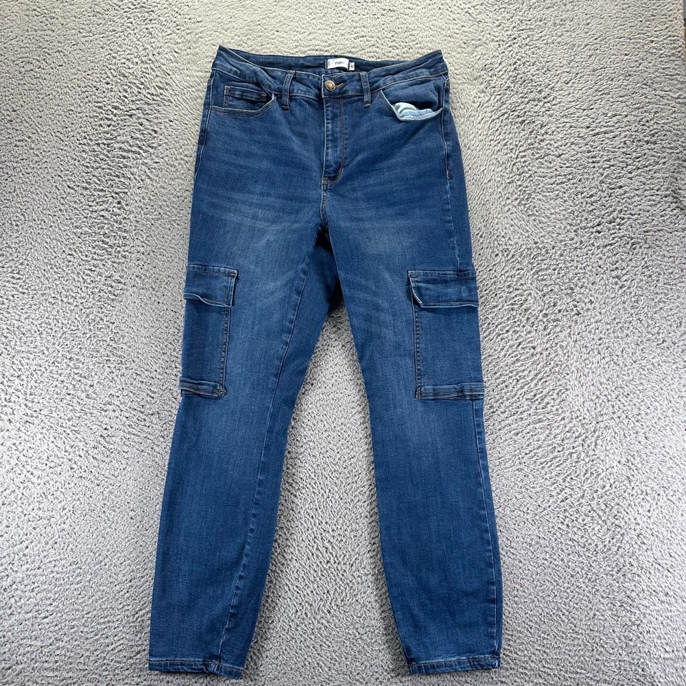 Rue21 Jeans Womens 14 Blue Cotton Denim Straight Cargo Workwear Faded Stretch